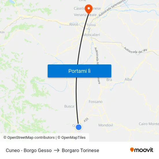 Cuneo - Borgo Gesso to Borgaro Torinese map
