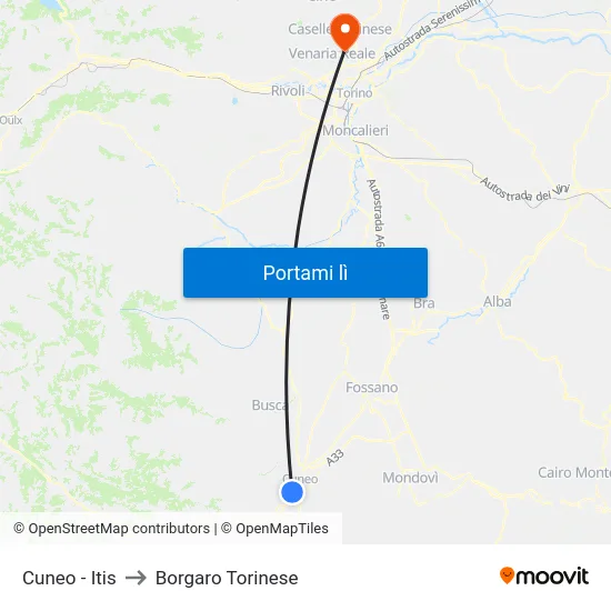 Cuneo - Itis to Borgaro Torinese map