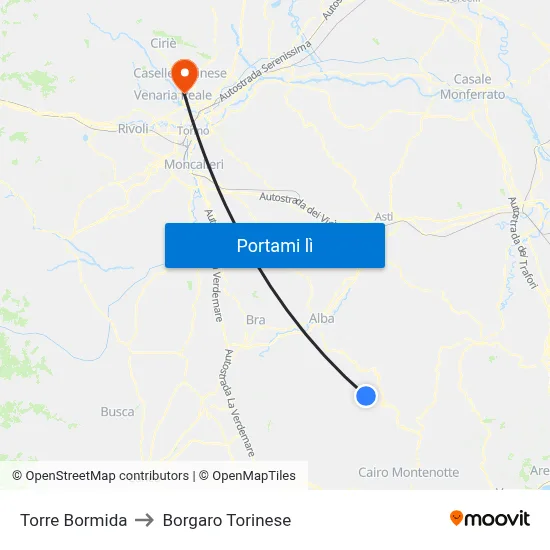 Torre Bormida to Borgaro Torinese map