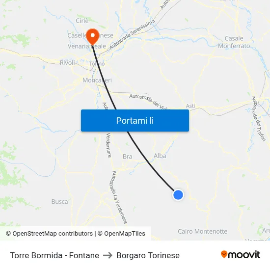 Torre Bormida - Fontane to Borgaro Torinese map