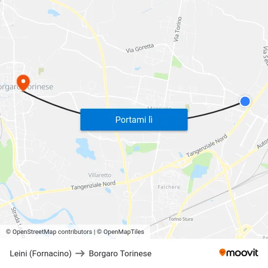 Leini (Fornacino) to Borgaro Torinese map