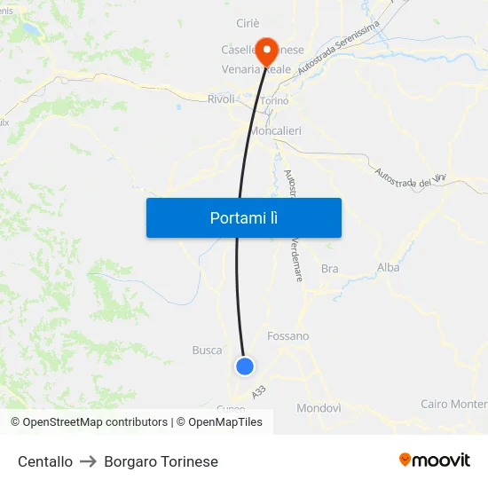 Centallo to Borgaro Torinese map