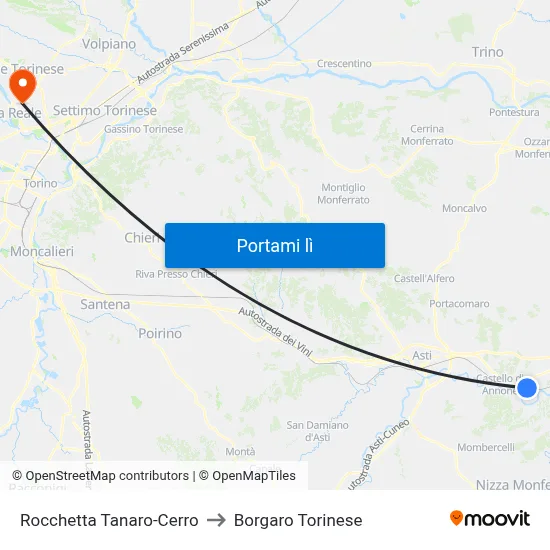 Rocchetta Tanaro-Cerro to Borgaro Torinese map