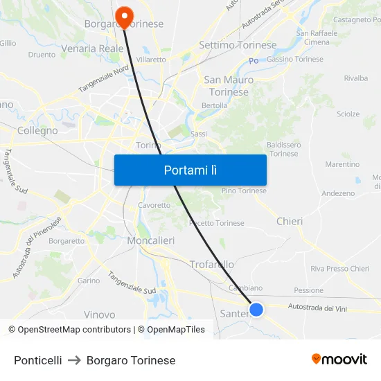 Ponticelli to Borgaro Torinese map