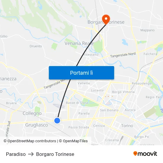 Paradiso to Borgaro Torinese map