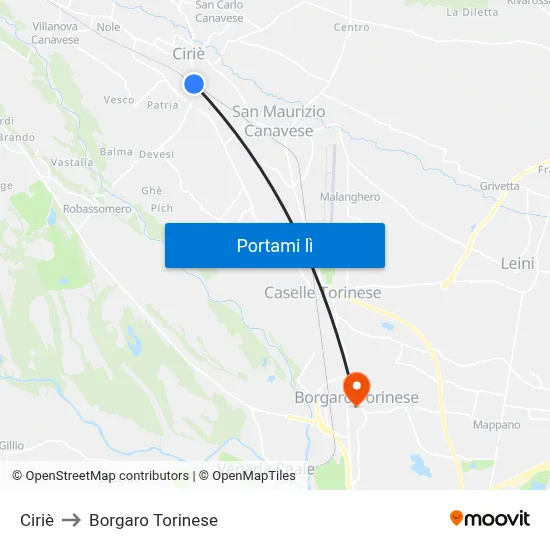 Ciriè to Borgaro Torinese map