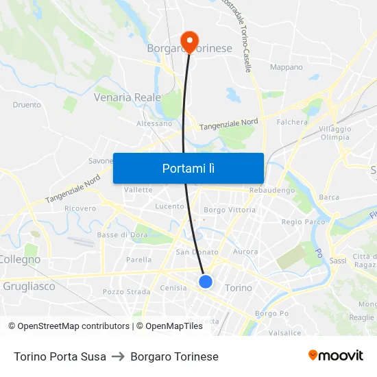 Torino Porta Susa to Borgaro Torinese map