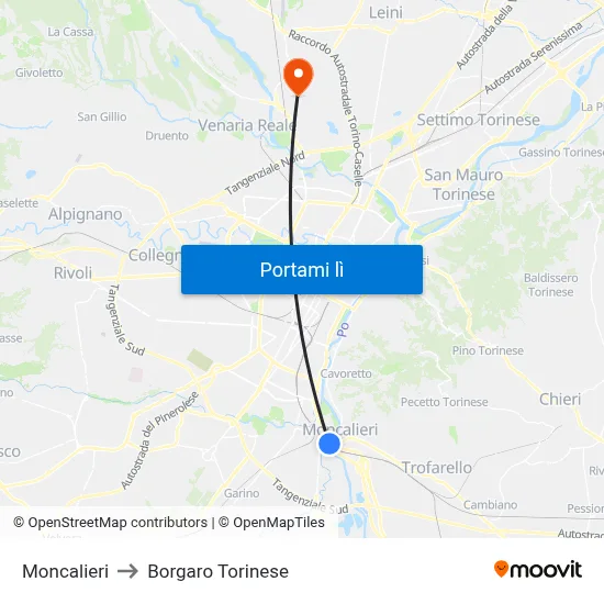 Moncalieri to Borgaro Torinese map