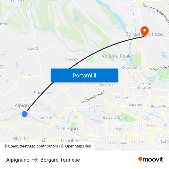 Alpignano to Borgaro Torinese map