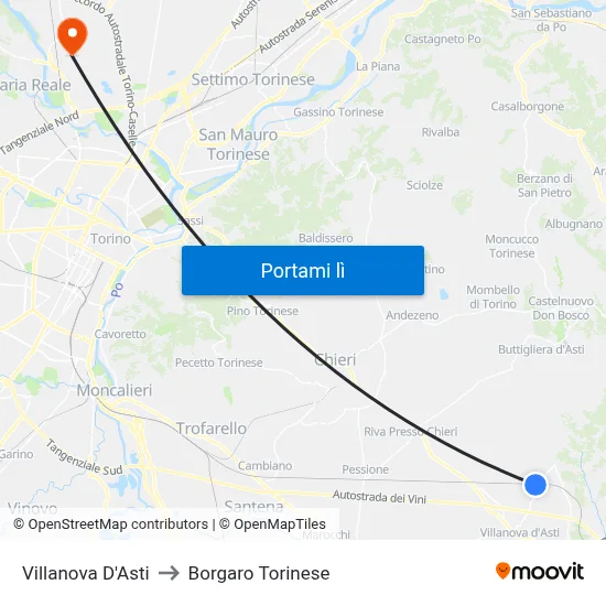 Villanova D'Asti to Borgaro Torinese map