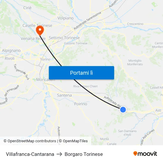 Villafranca-Cantarana to Borgaro Torinese map
