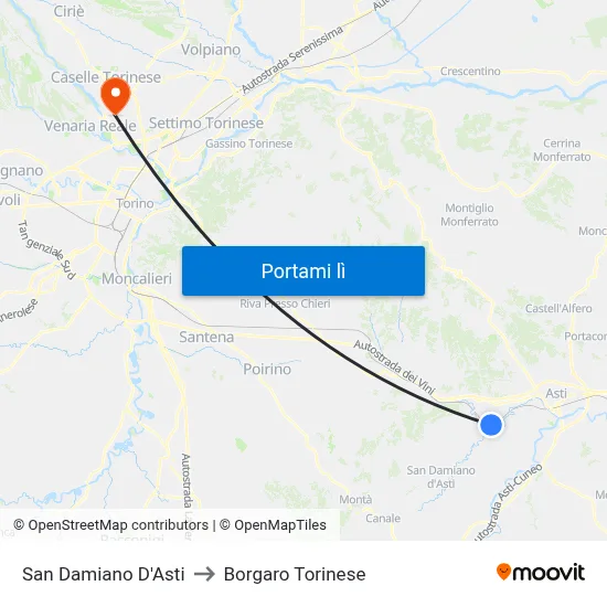 San Damiano D'Asti to Borgaro Torinese map