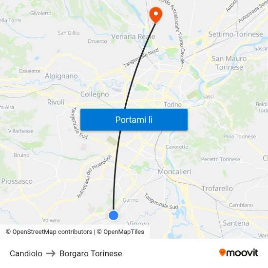 Candiolo to Borgaro Torinese map