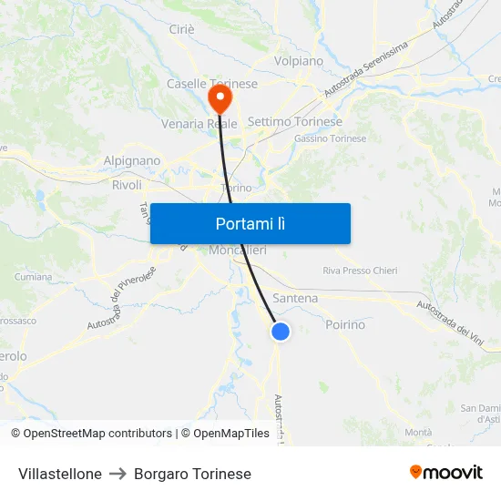 Villastellone to Borgaro Torinese map
