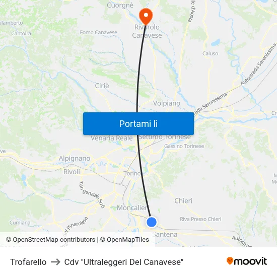Trofarello to Cdv "Ultraleggeri Del Canavese" map