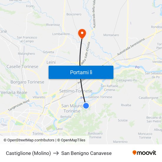 Castiglione (Molino) to San Benigno Canavese map