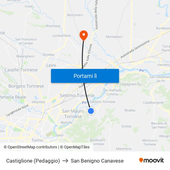 Castiglione (Pedaggio) to San Benigno Canavese map