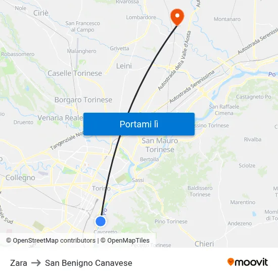 Zara to San Benigno Canavese map