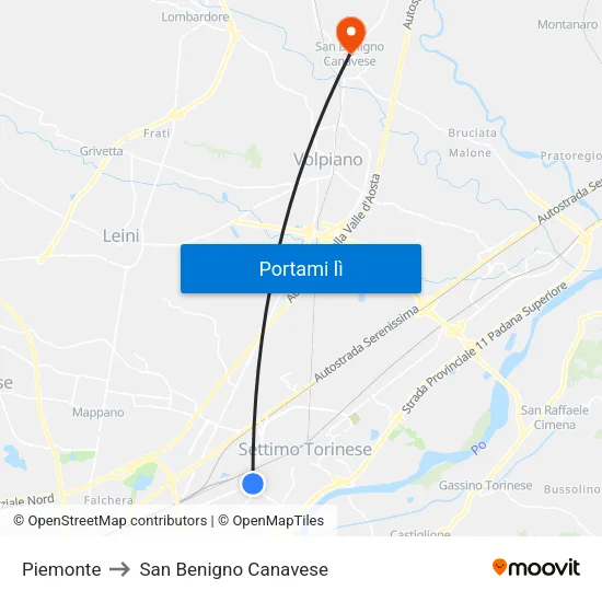 Piemonte to San Benigno Canavese map