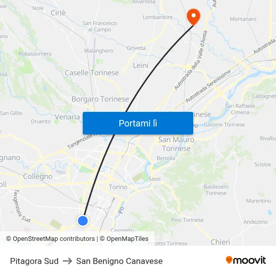 Pitagora Sud to San Benigno Canavese map