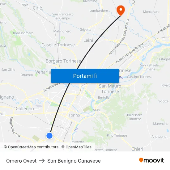 Omero Ovest to San Benigno Canavese map