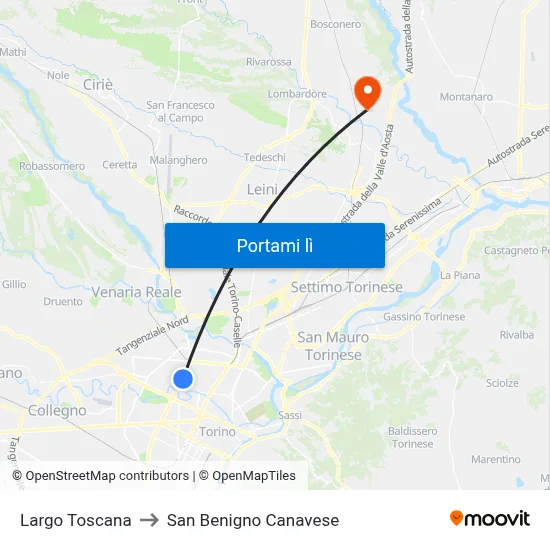 Largo Toscana to San Benigno Canavese map