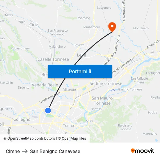 Cirene to San Benigno Canavese map