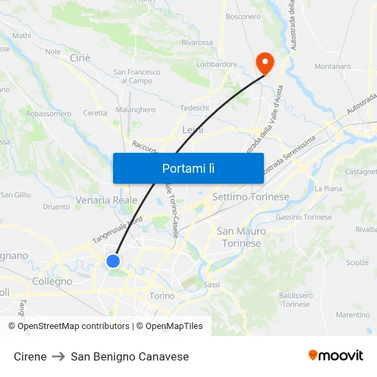 Cirene to San Benigno Canavese map