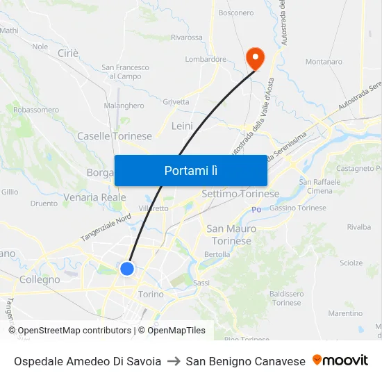 Ospedale Amedeo Di Savoia to San Benigno Canavese map