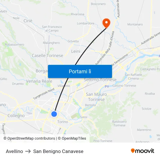Avellino to San Benigno Canavese map