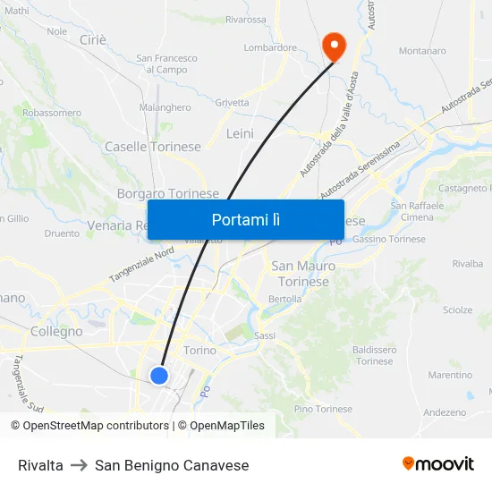 Rivalta to San Benigno Canavese map