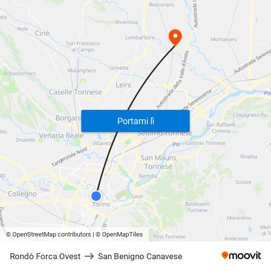 Rondò Forca Ovest to San Benigno Canavese map