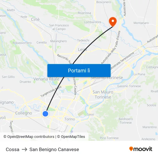 Cossa to San Benigno Canavese map