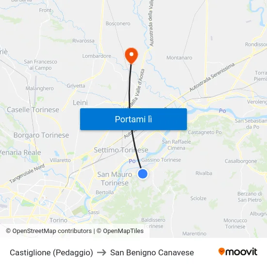 Castiglione (Pedaggio) to San Benigno Canavese map