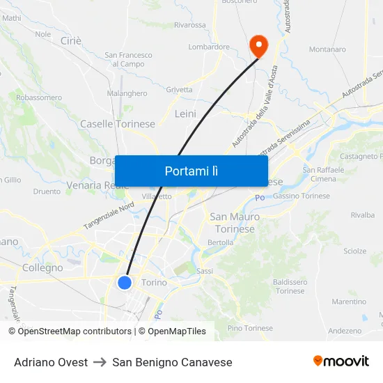 Adriano Ovest to San Benigno Canavese map