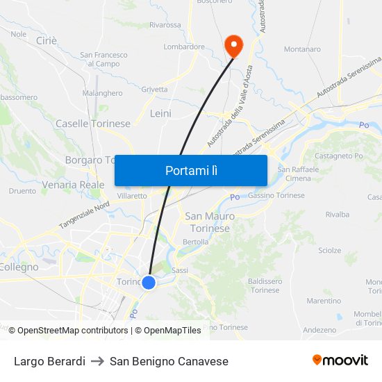 Largo Berardi to San Benigno Canavese map