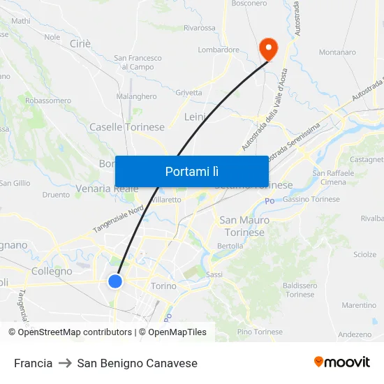 Francia to San Benigno Canavese map