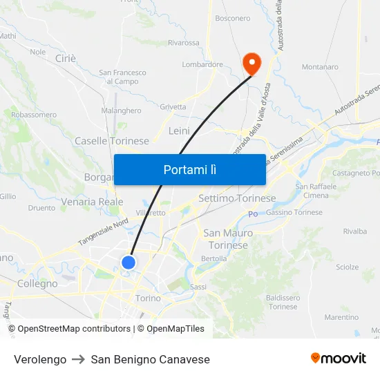 Verolengo to San Benigno Canavese map