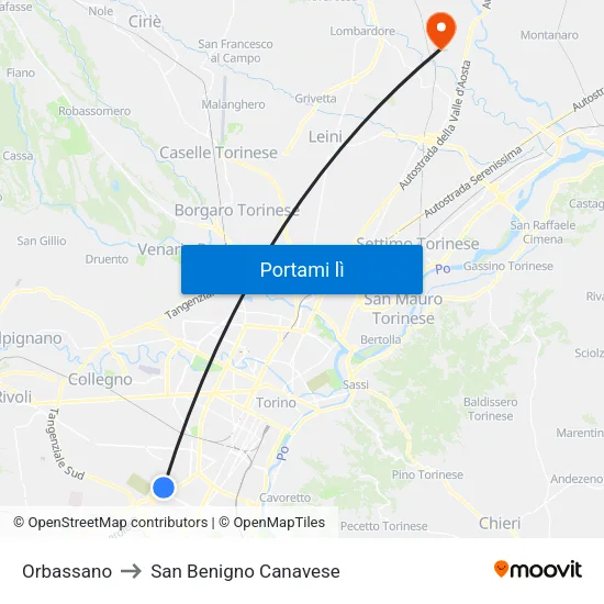 Orbassano to San Benigno Canavese map