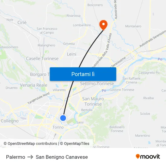 Palermo to San Benigno Canavese map