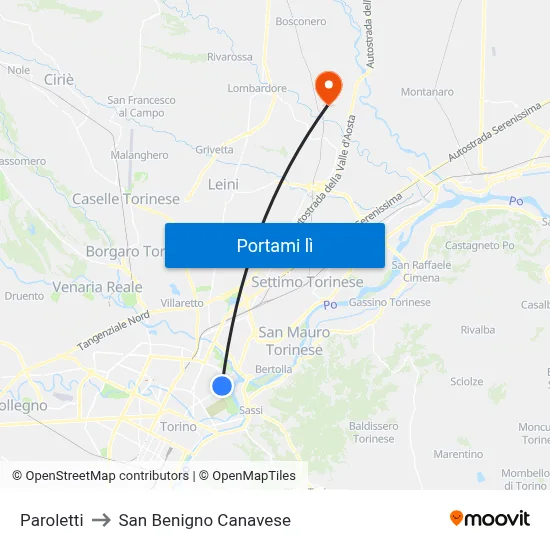Paroletti to San Benigno Canavese map