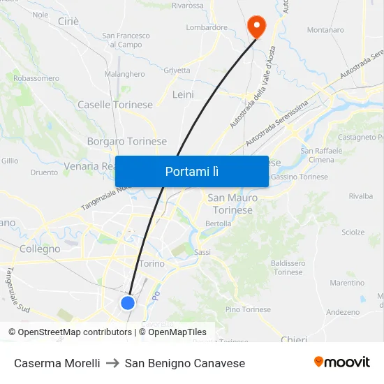 Caserma Morelli to San Benigno Canavese map