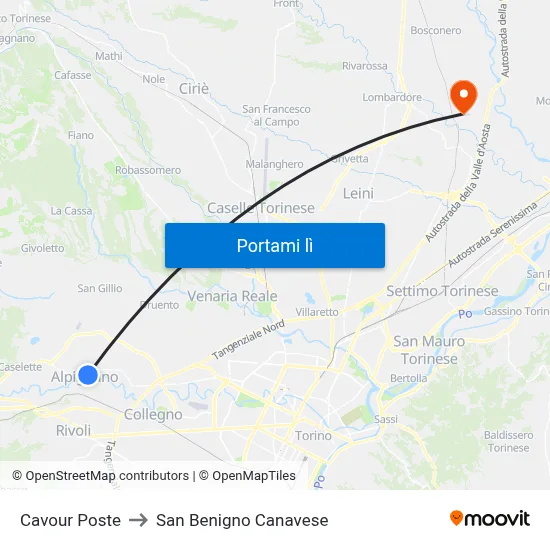 Cavour Poste to San Benigno Canavese map