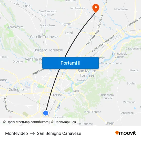 Montevideo to San Benigno Canavese map