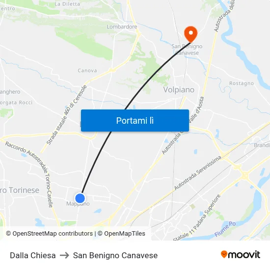 Dalla Chiesa to San Benigno Canavese map