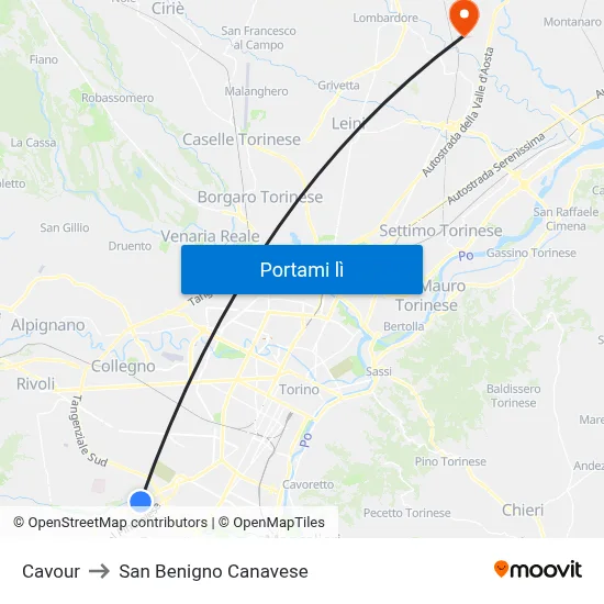 Cavour to San Benigno Canavese map