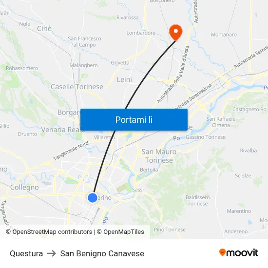 Questura to San Benigno Canavese map