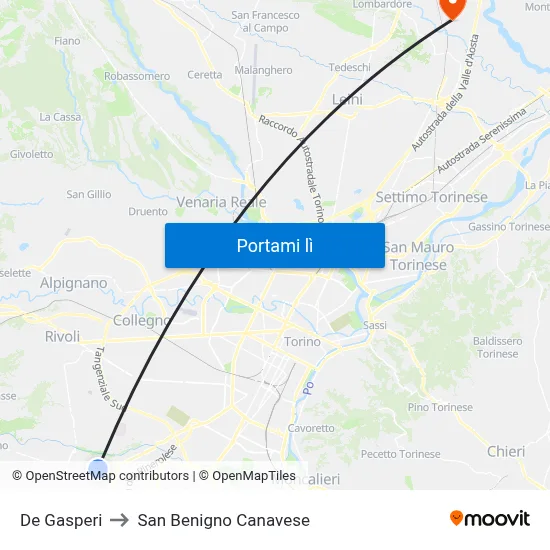 De Gasperi to San Benigno Canavese map