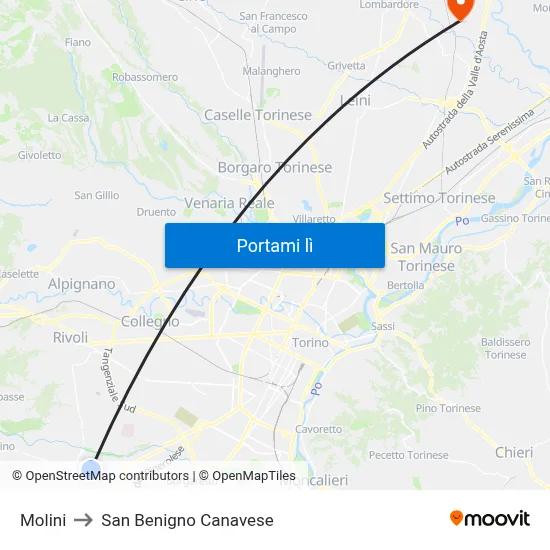 Molini to San Benigno Canavese map