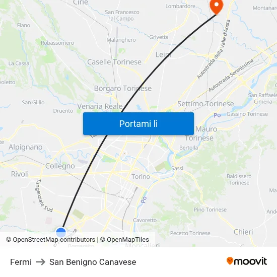 Fermi to San Benigno Canavese map